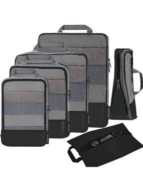 Compression Packing Cubes - Travel Organizer Set of 5, Black, Expandable